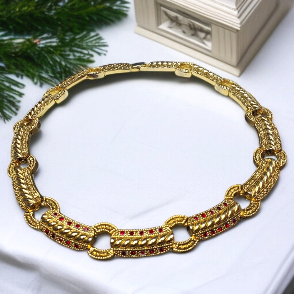 Vintage 1980's Chunky Gold Ruby Crystal Statement Necklace